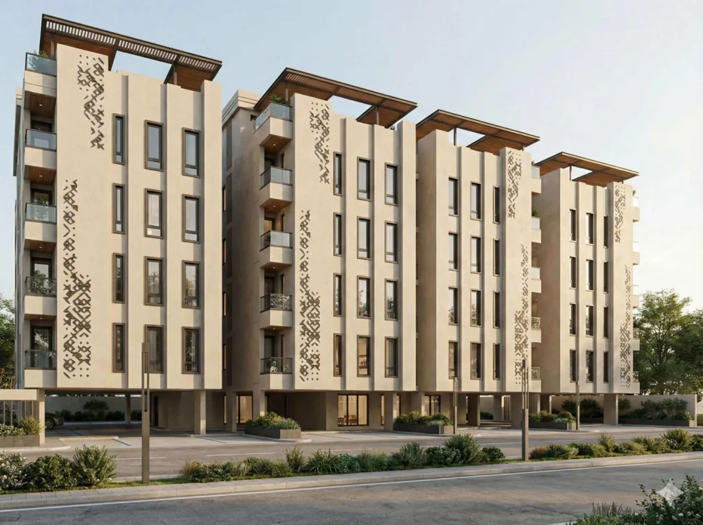 تصوّر معماري لـمبنى أجراس السكني 09 و11: ستة أدوار بواجهة رملية ومظلات خشبية على السطح
